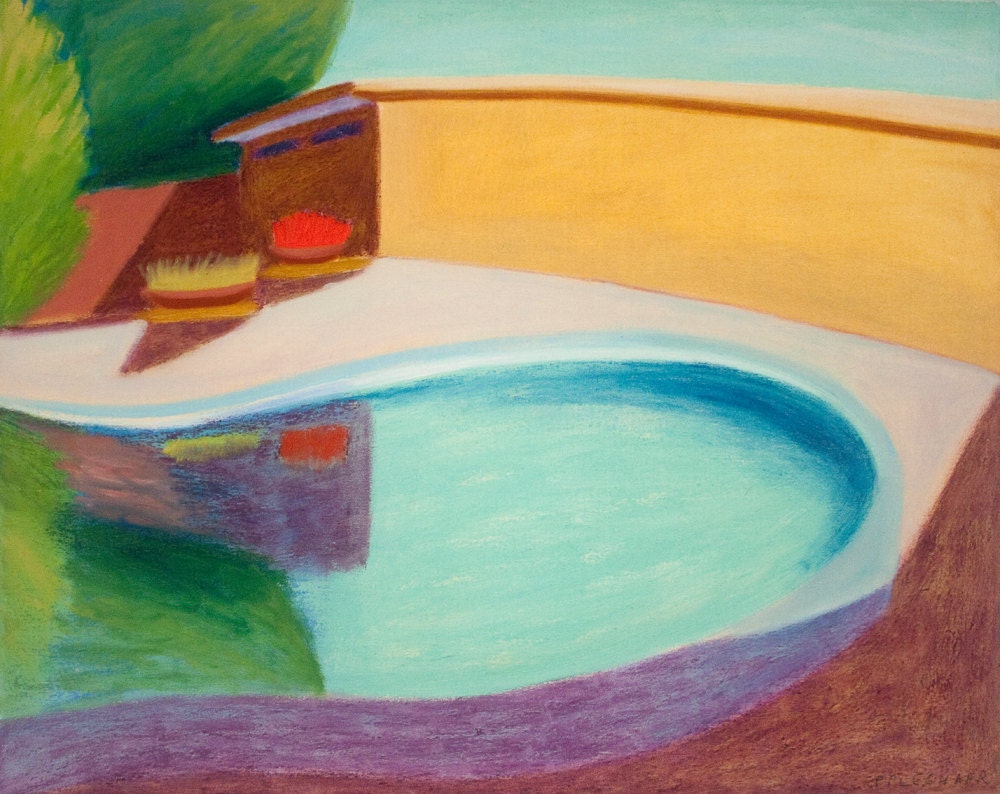 Original Oil Painting On Canvas Mid Century Modern House Reflection in Pool