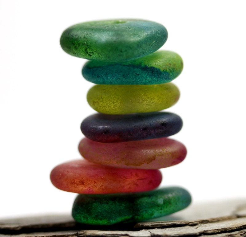 Drilled Sea Glass, 7 pcs colorful