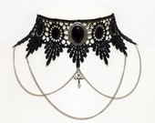 Victorian Black Onyx choker necklace - venise lace choker with chains and cross - LUCRETIA in Black Onyx