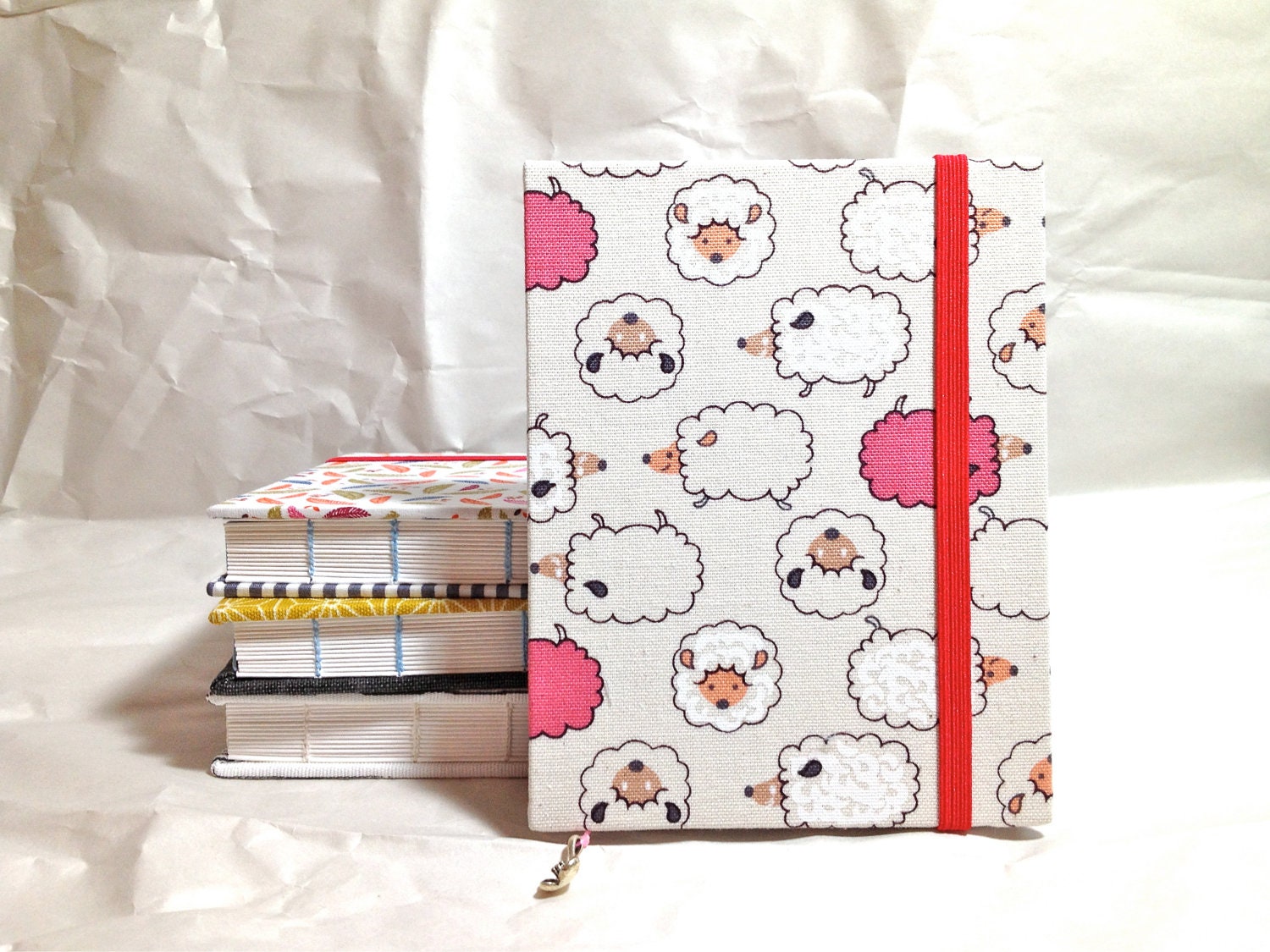 Coptic Stitch Handmade Journal with Elastic Band and Bookmark - Baa Baa Sheeps
