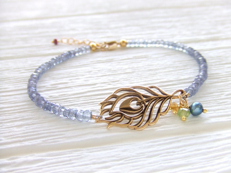 Peacock Jewelry Bracelet, Gold-filled,  Natural Bronze, Feather, Tanzanite Quartz Gemstone Rondelles, Gift For Her, Etsy Gift, Under 40