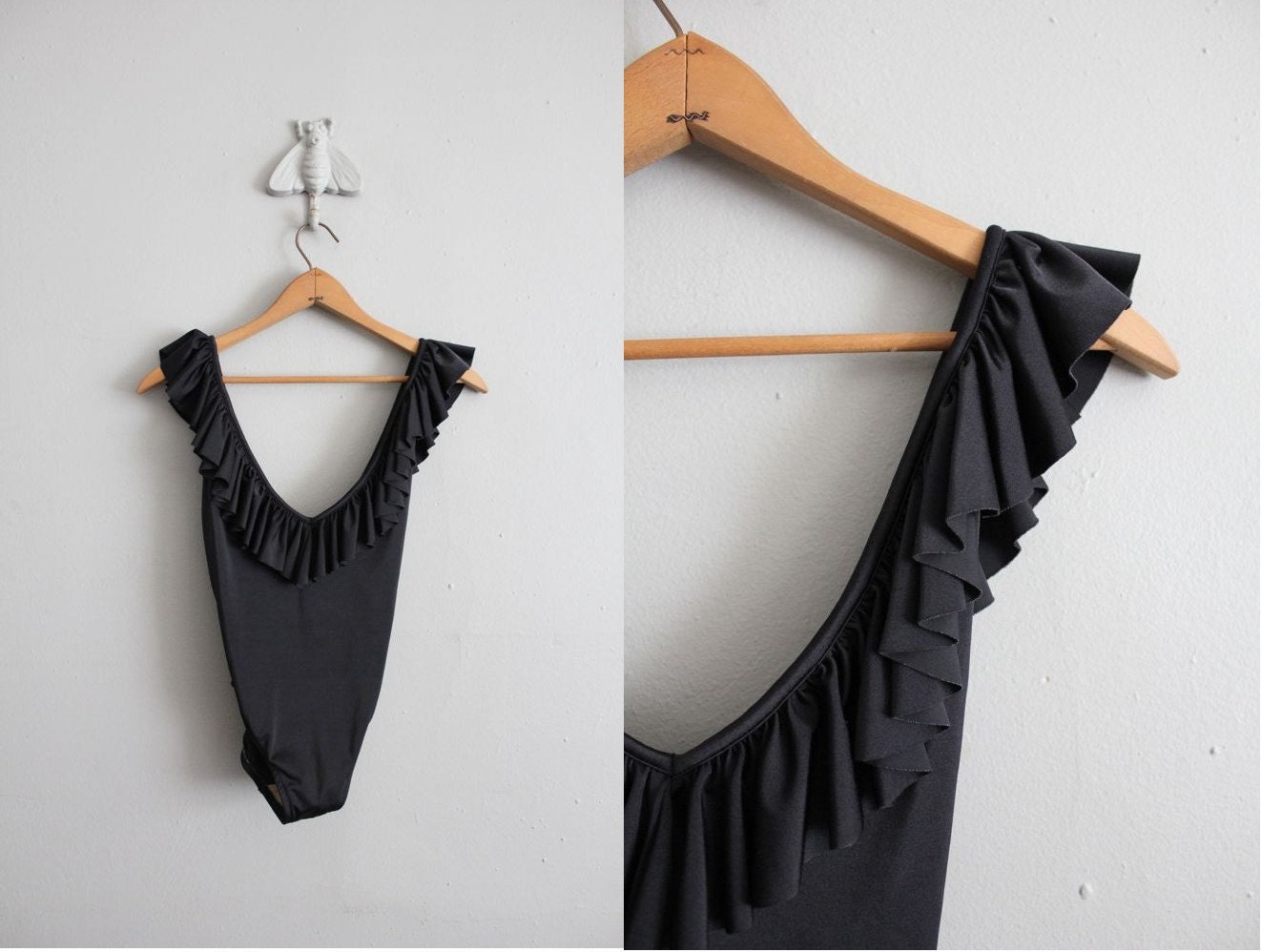 vintage swimsuit / black ruffle swimsuit