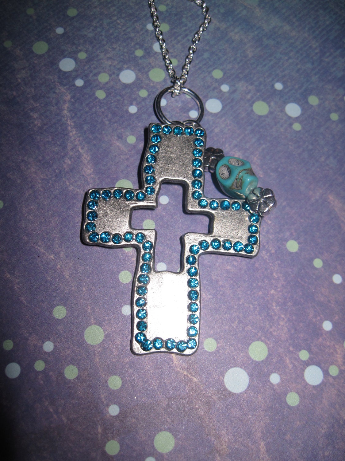 Turquoise Skull Cross Necklace Jewelry Pendant Charm Peweter Silver w/ Rhinestones Day Of the Dead Mexican FREE SHIPPING To USA & Canada