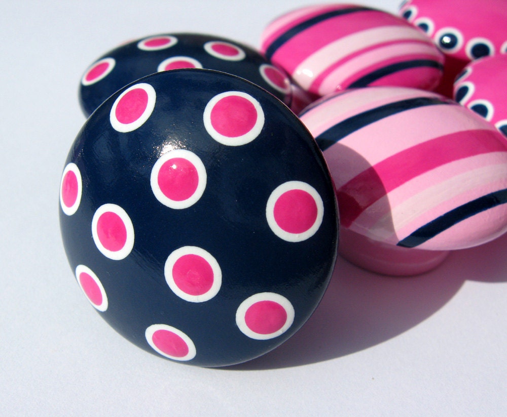 Hand Painted Drawer Knobs, Navy Blue, Light Pink, Hot Pink and White Polka Dots and Stripes, Kids Drawer Pulls