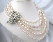 5 Strand Freshwater Pearl Necklace, Vintage Rhinestone Wedding Necklace, Handmade, Glorious Bride