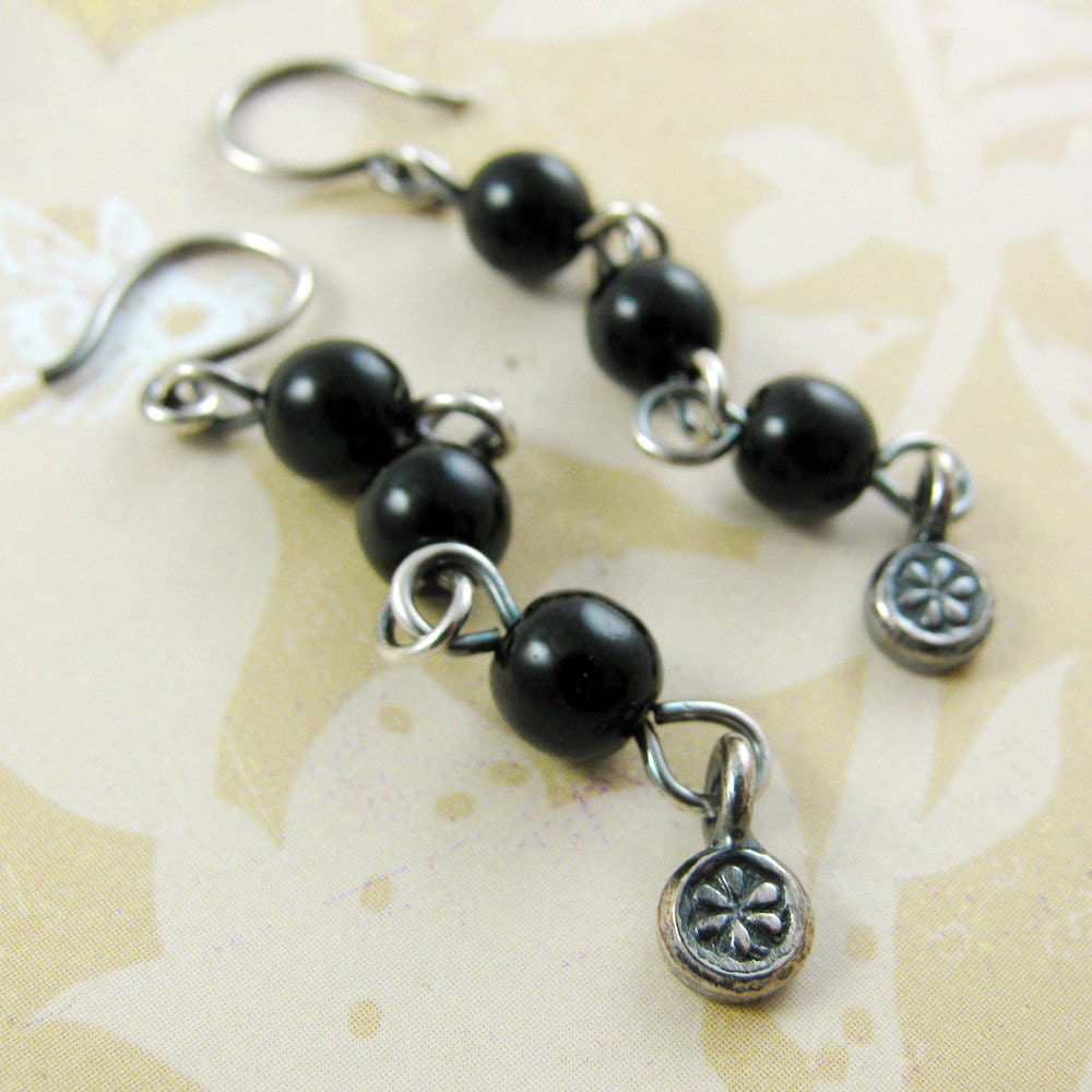 MIDNIGHT black glass long trio ball earrings sterling silver star flower dangle elegant rustic woodland gypsy casual