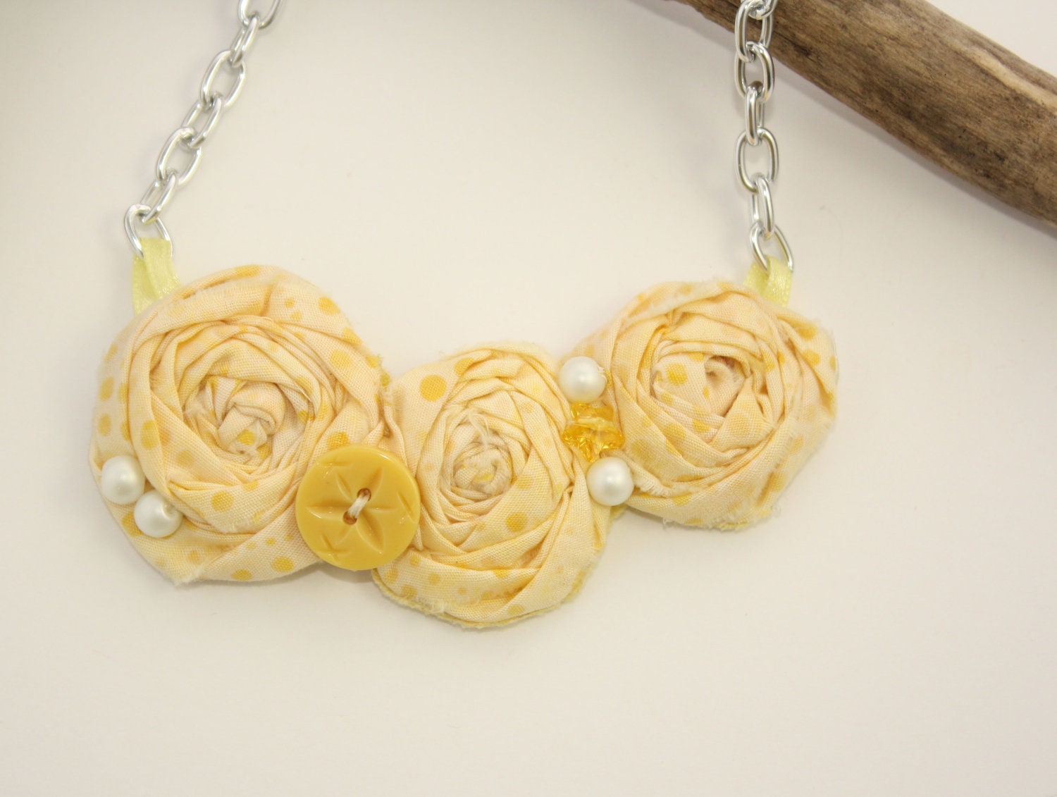 Pretty Fabric Bib Necklace LIMONCELLO Statement or Wedding Piece Mini Lemon Yellow Polka dots