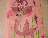 original mixed media art Poppet 7 ooak surreal mermaid fish creature