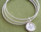 Totally Twisted Sterling Silver Bangles with Hand Stamped Sterling Silver Charm with Rim