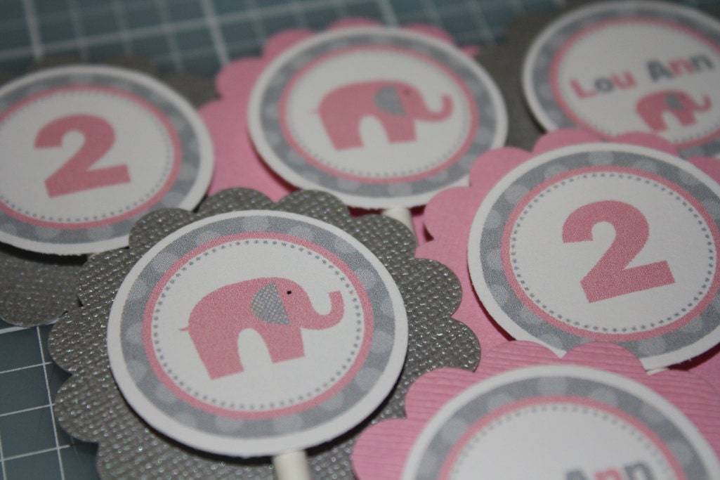 Pink Grey Elephant Birthday Cupcake Toppers - Any COLOR - girl or boy Il_570xn