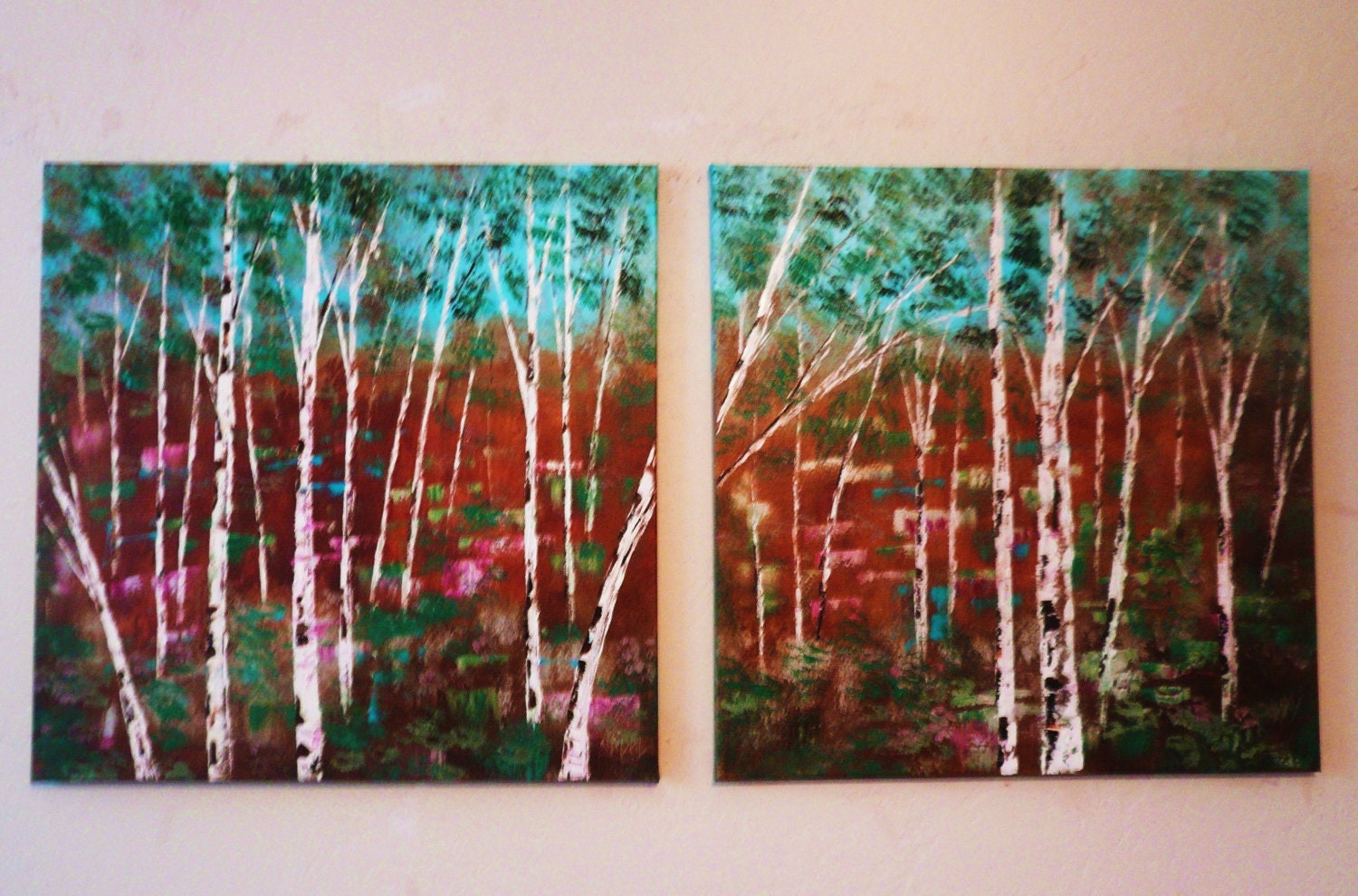 sale -Large Original oil  Painting modern  contemporary abstract knife impasto Fall Birch Trees 48' by Vadal