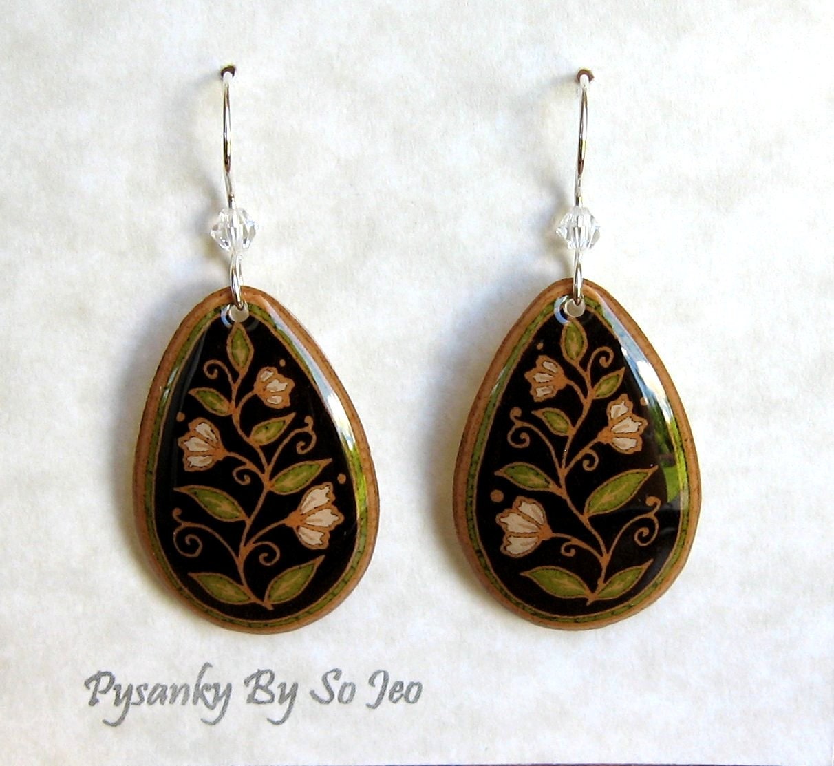 ECO Spring Vines Etched Brown Eggshell  Pysanky Batik  Teardrop Dangle Earrings