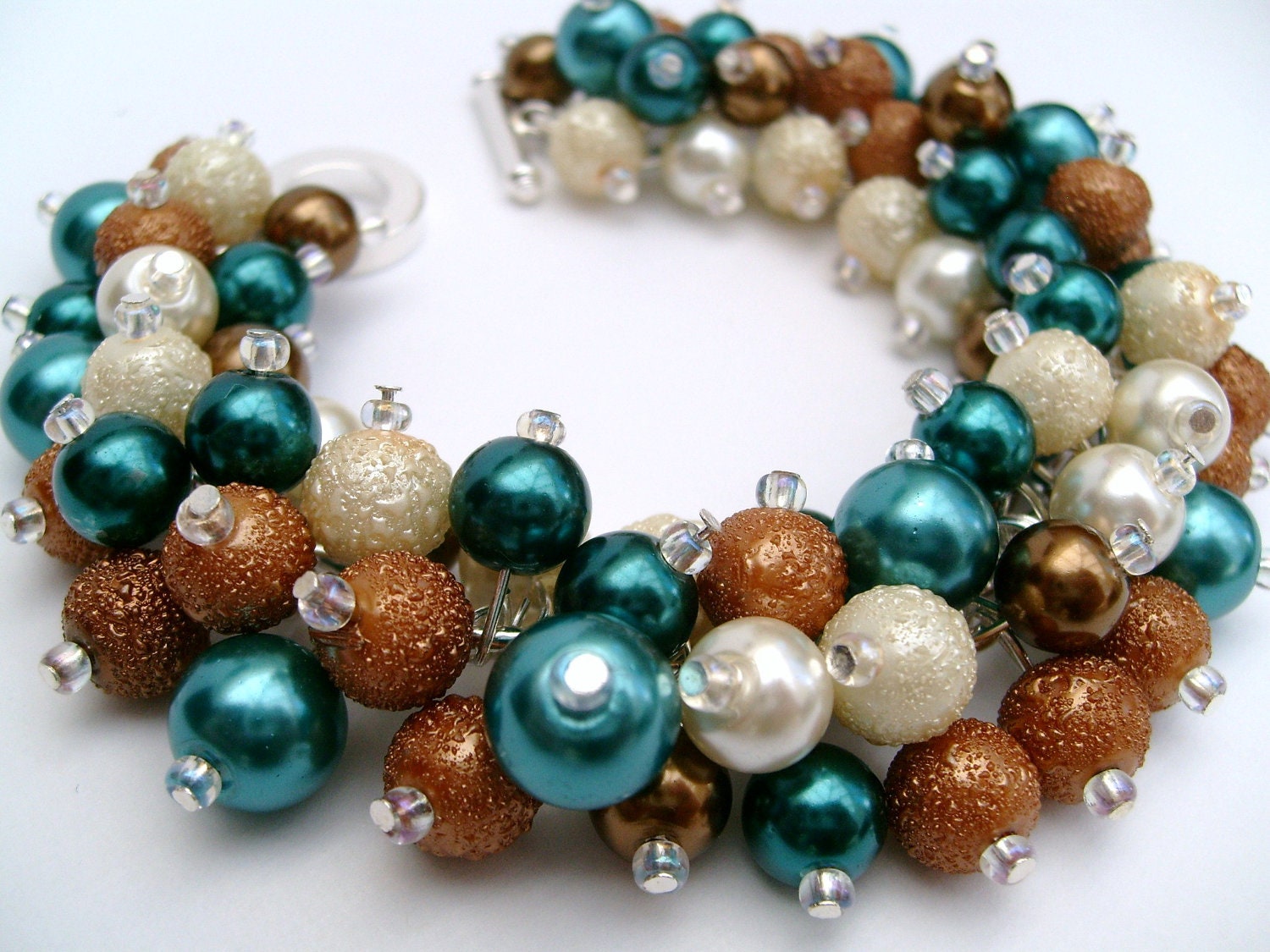 Bridesmaid Jewelry, Teal, Bronze and Ivory,  Pearl Beaded Bracelet, Cluster Bracelet, Pearl Bracelet, Bridesmaid Gift - Jewelry By Kim Smith