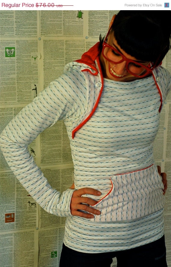 lightweight cotton Hoodie-- White Stripes and Coral.  hooded longsleeved tshirt, buttoned hood, kangaroo pocket.  l