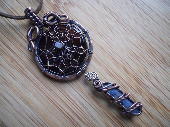 Dreamcatcher Pendant Brown Agate Moonstone and Blue Aqua Aura Quartz point Wire Wrapped Oxidized Copper OurFrontYard Design