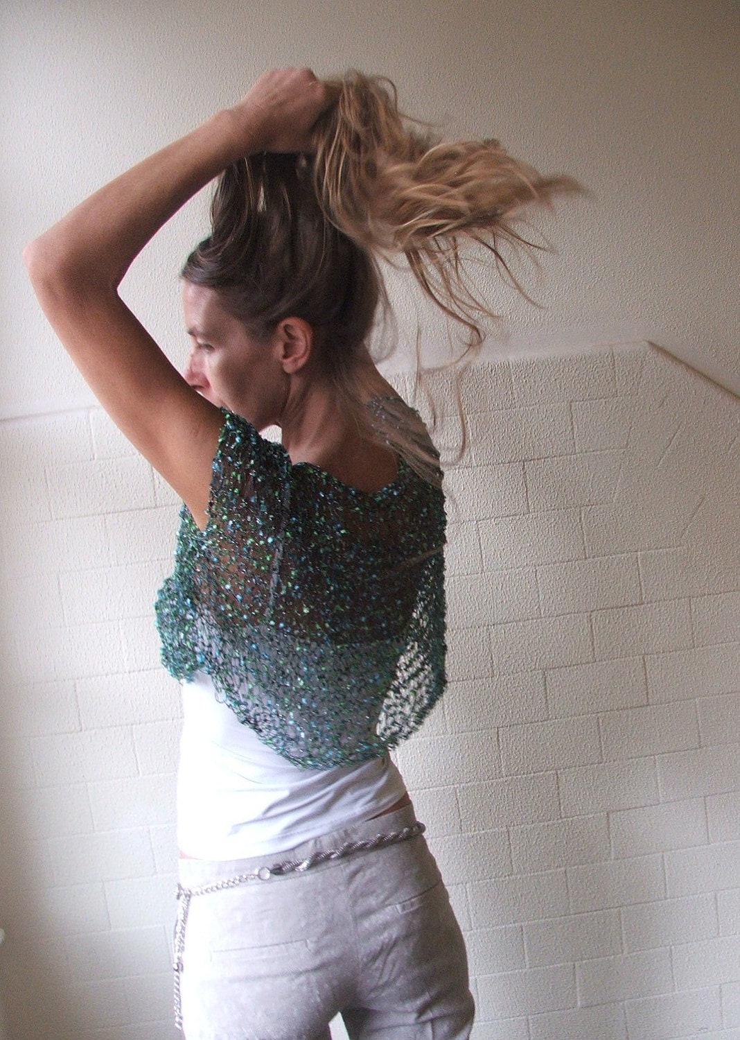 Turquoise blue silver and green Glamourous evening cover up ponch-weater
