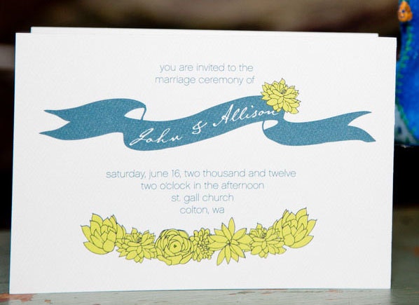 Succulent Wedding Invitation Suite with Custom Drawn Map and Mad Lib Style RSVP Postcard
