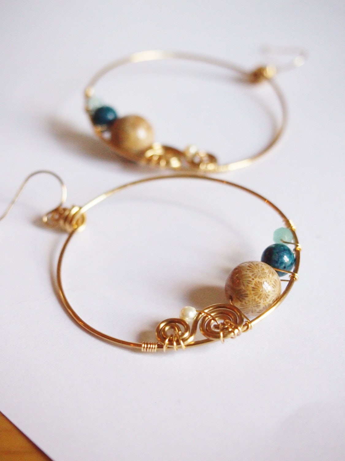 Klimt earrings - large hoops - fossilized coral, teal clay, blue quartz, cream Swarovski pearl