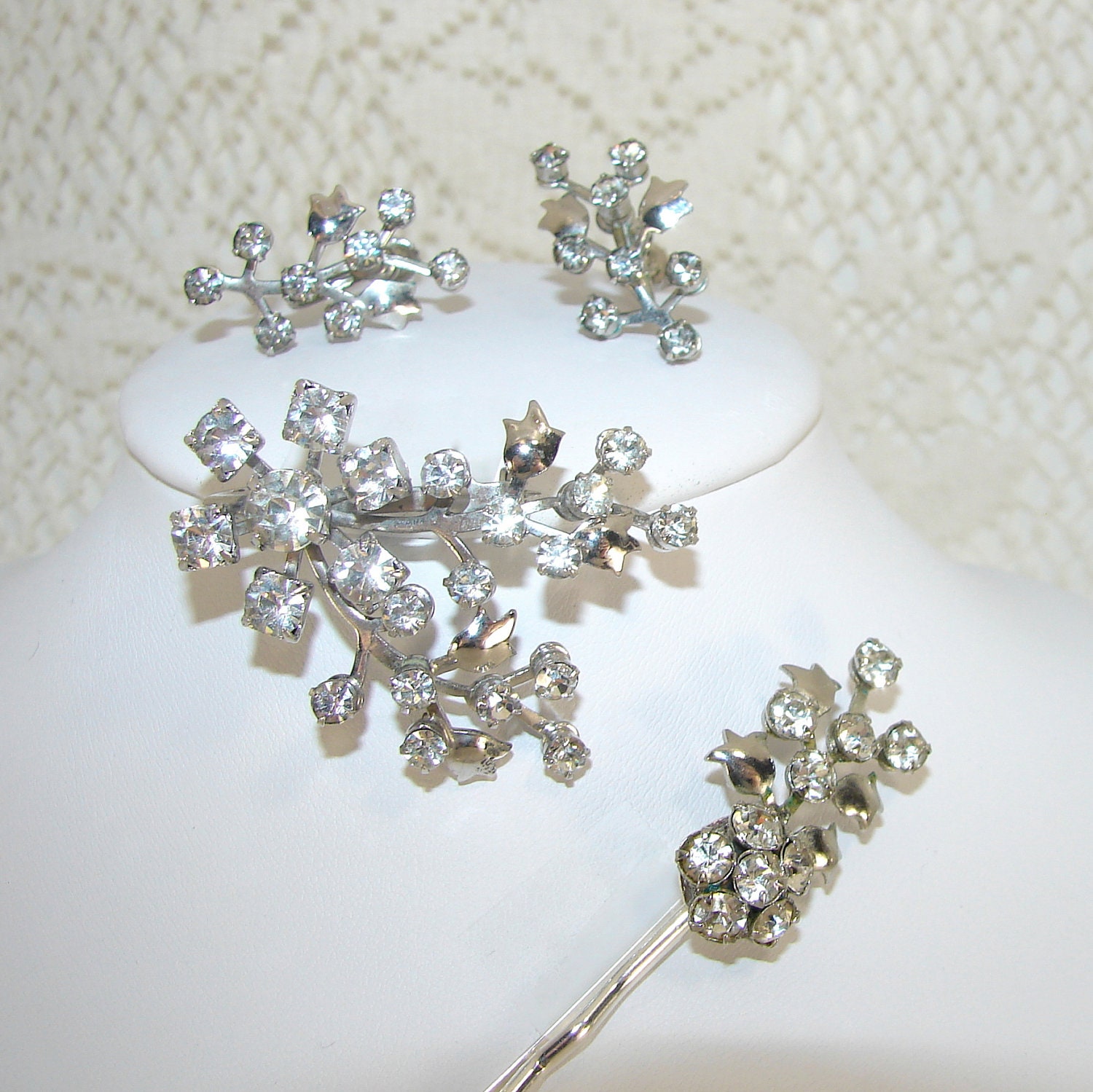 Wedding Rhinestone Jewelry Set Brooch Earrings Hairpin Hair Bobby Floral Bouquet Formal 3 Pc. Demi Parure