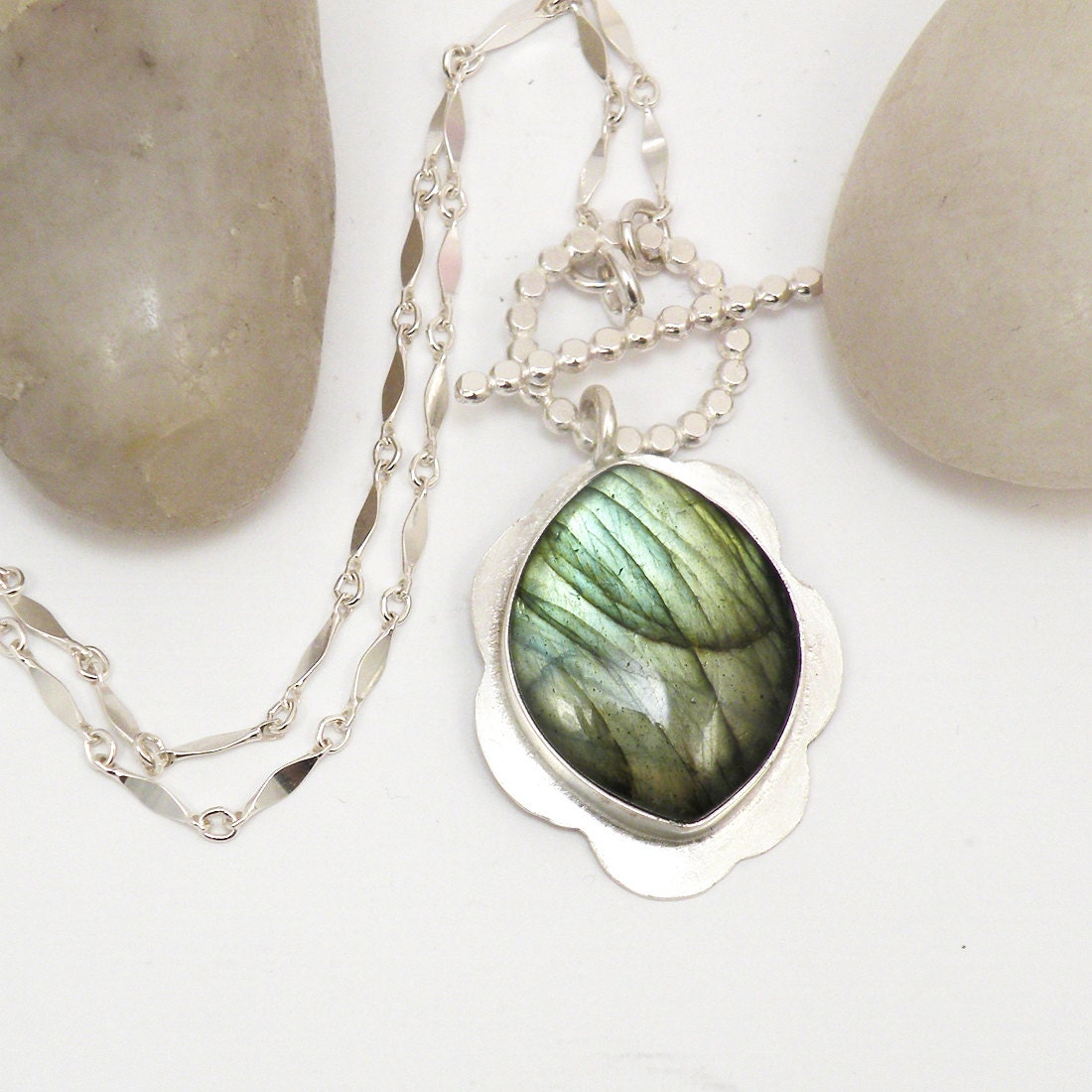 30% OFF SALE Labradorite Sterling Silver Necklace Front Toggle Clasp Green Flash One of a Kind Reversible Jewelry - Borealis Necklace