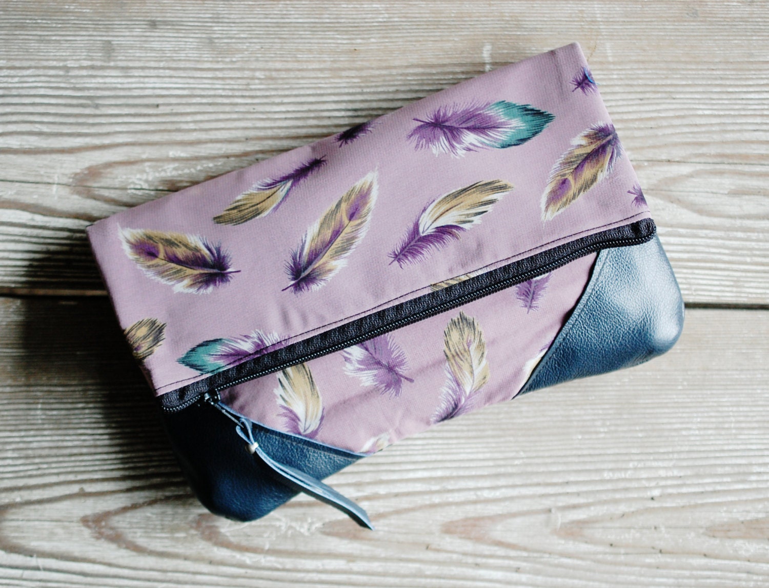 Feather Print Leather Fold-over Clutch