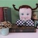 redhead art- ooak art doll head- creepy head- odd-stuffed pillow- weird- black and white- check