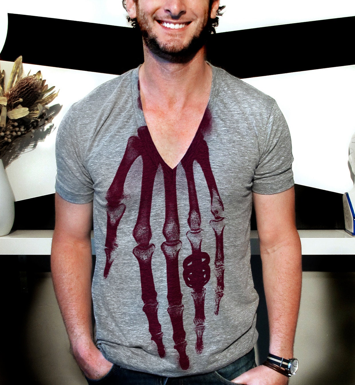 Men's TriBlend Deep Vneck Tshirt in Heather Gray feat. Ringen print - Available in 5 Colors