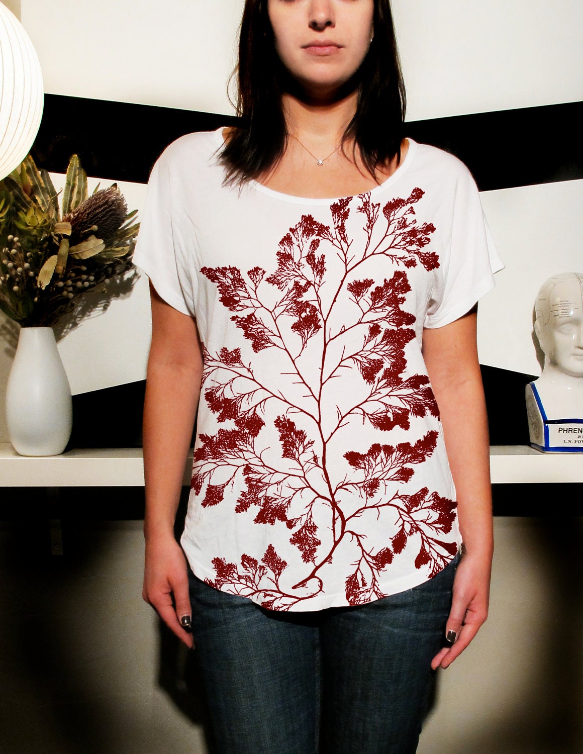 Women's Modal-Jersey Scoop Neck Top in White feat. Domela print in Red