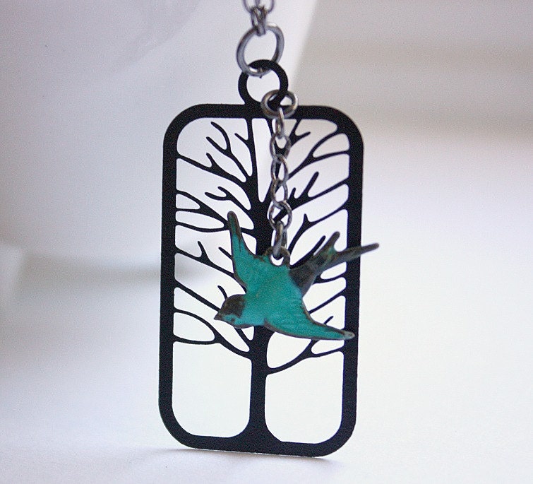 Black Tree Silhouette and Patina Teal Bird Pendant necklace Free USA Shipping