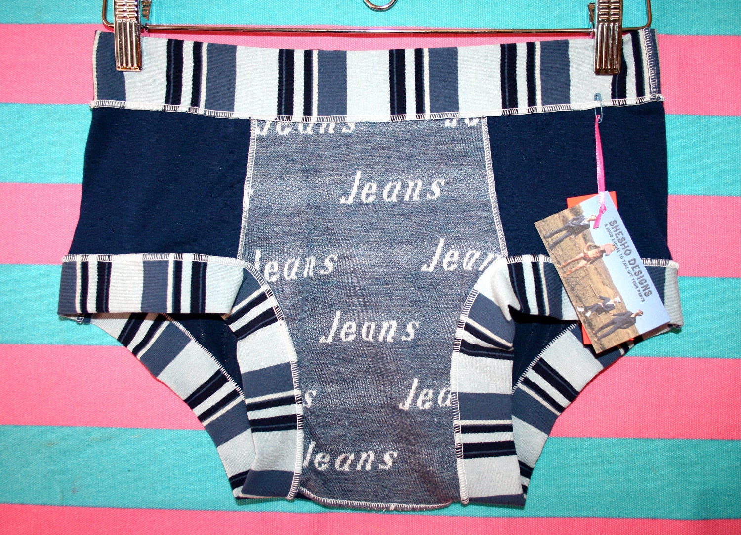unisex MEDIUM JEANS vintage salvaged material STRiPED blue BRiEFS HaNDMADE UNDeRWEAR