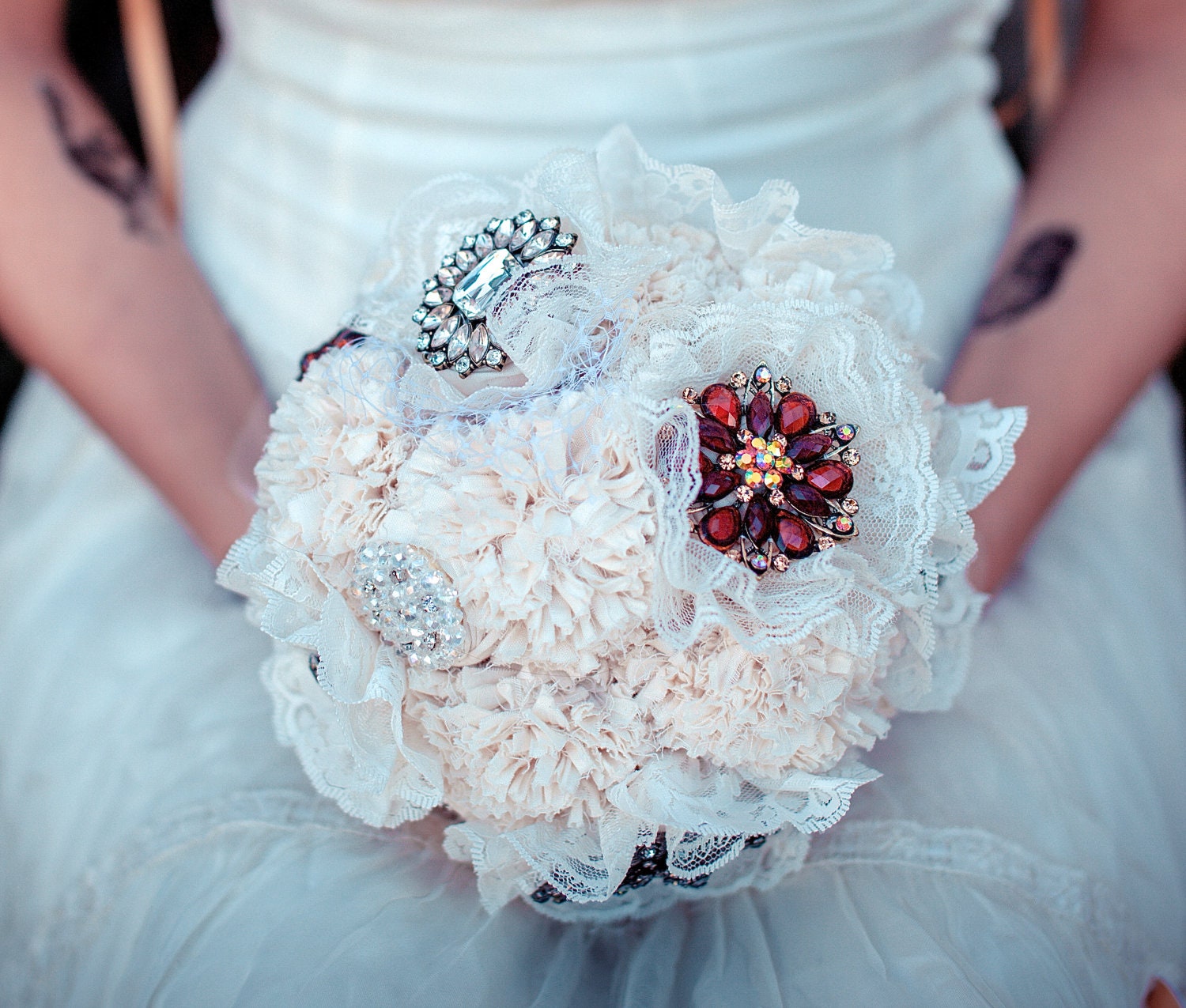 Brooch Bridal Bouquet, Jewelry bouquet, Fabric Flower Bouquet - Vintage Wedding