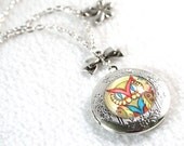 Owl Locket, Charm Necklace Pendant, Silver Vintage Inspired Jewelry, Original Owl Art Print, Yellow Red Teal