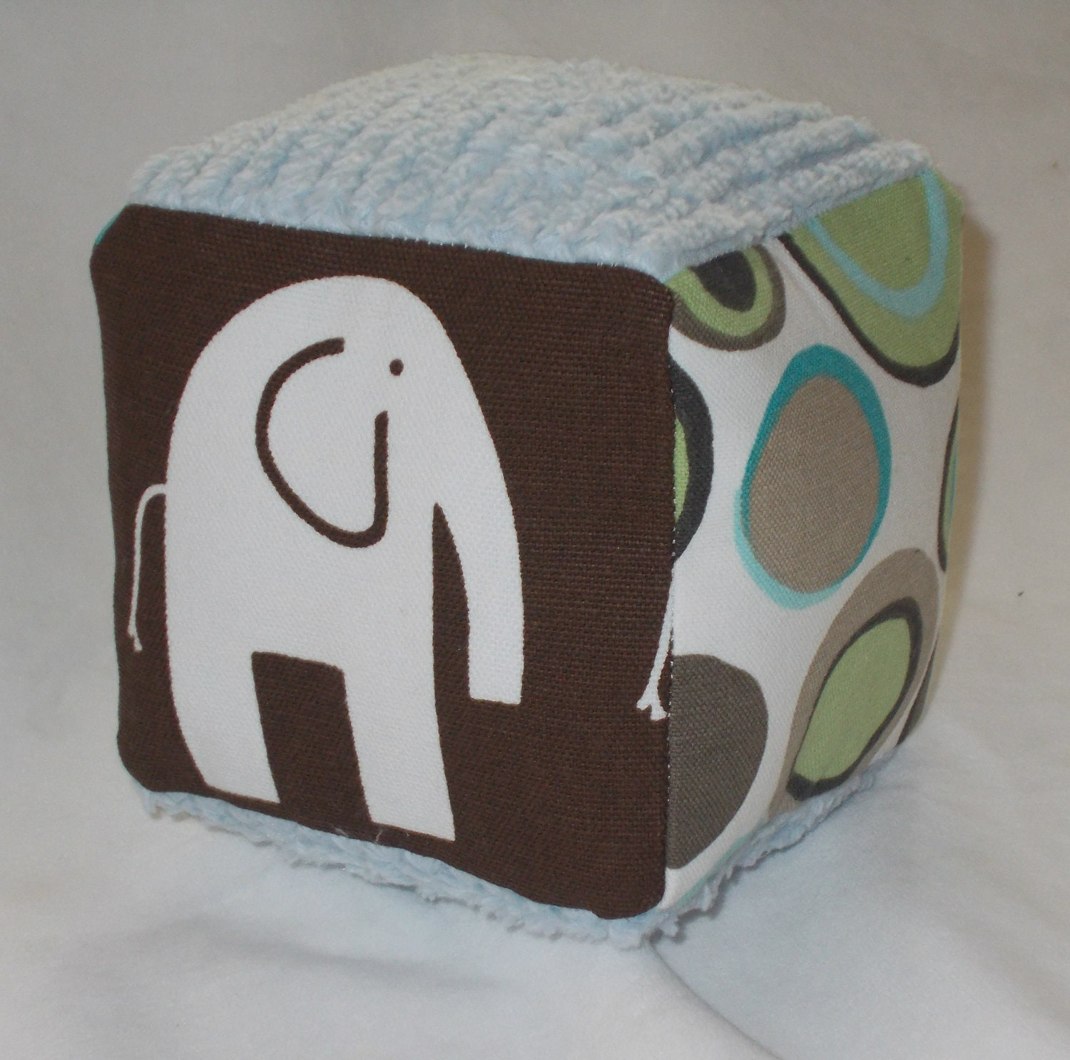 Brown Elephant and Dots Fabric and Chenille Block Rattle