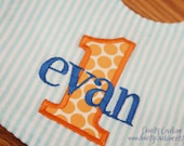 Boys First Birthday Party Bib - Aqua and white stripes with orange dots and royal blue accents - Free personalization