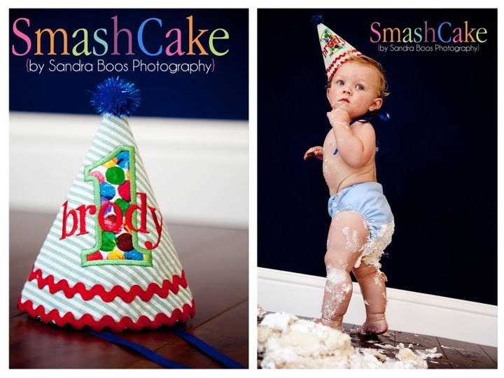 First Birthday Hat - Very Hungry Caterpillar Theme - Red, green, blue, yellow - Free personalization