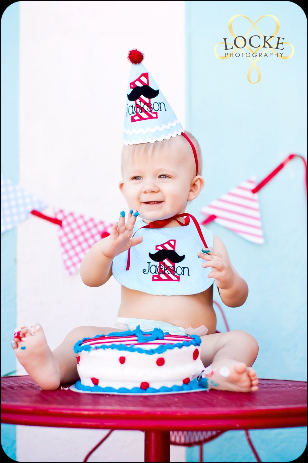 Boys First Birthday Mustache Hat and Bib - Cute hat in blue/light aqua, red and white stripes - Free personalization