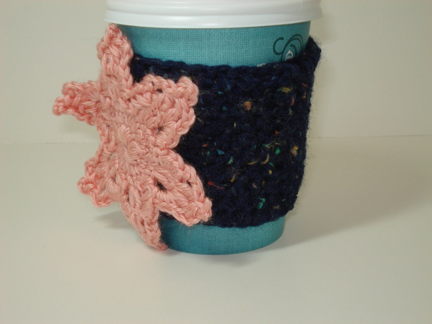 Cup Cozy for Take-Out Cup, Blue with Peach Flower - Buy 2 Get 1 Free
