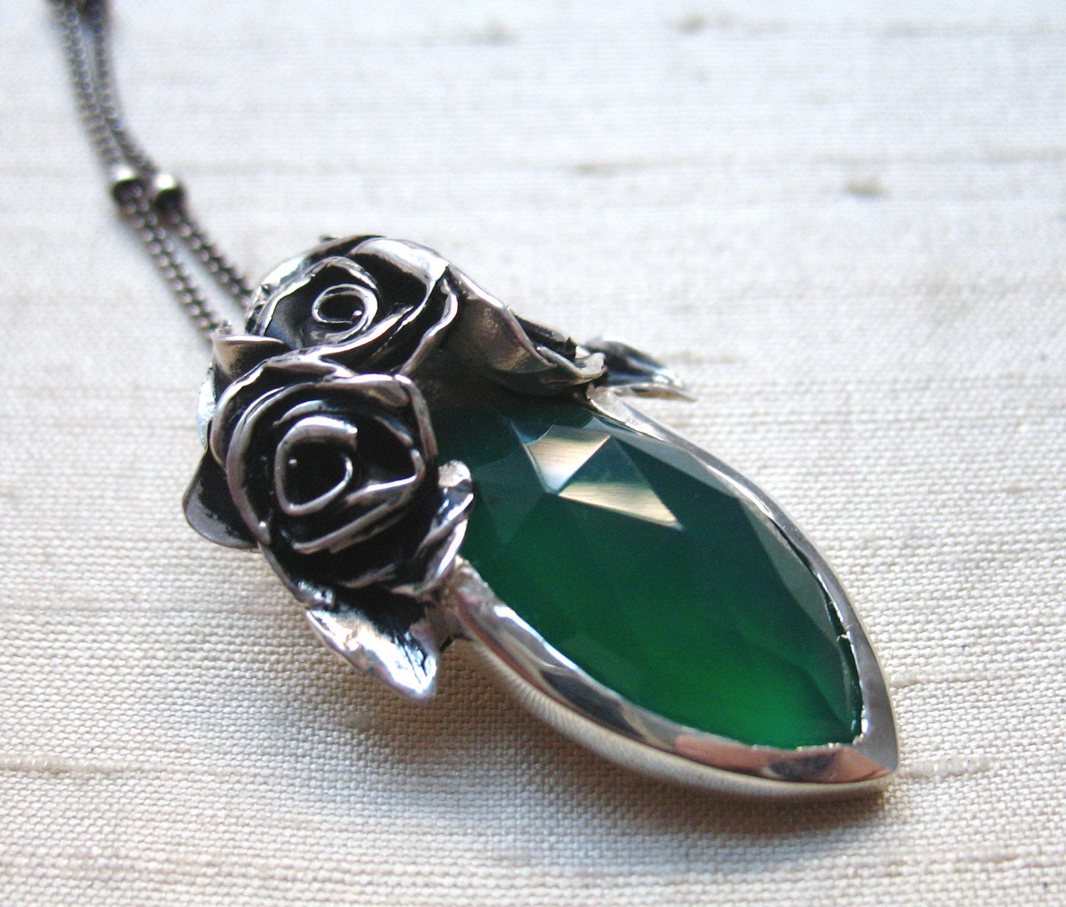 Rose Pendant  in Green Onyx and Sterling