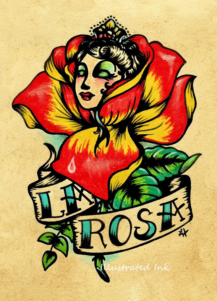 Old School Tattoo Rose Art LA ROSA Loteria Print 5 x 7