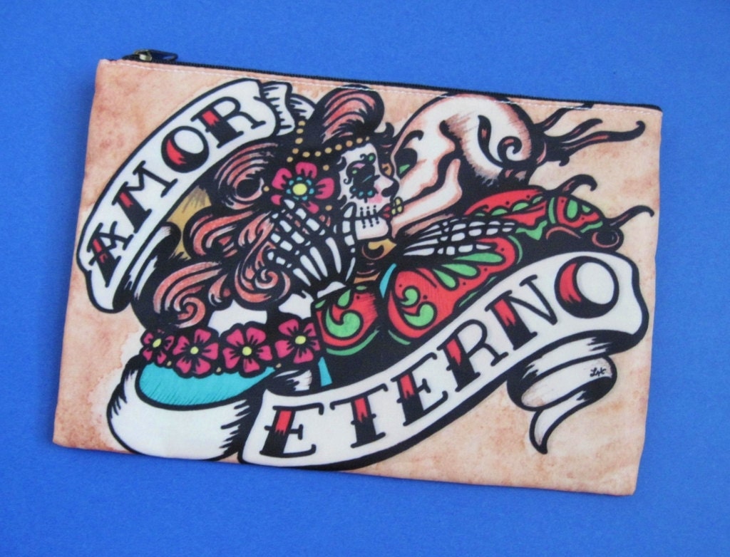 Day of the Dead Cosmetic Bag Tote Purse Pencil Case - AMOR ETERNO