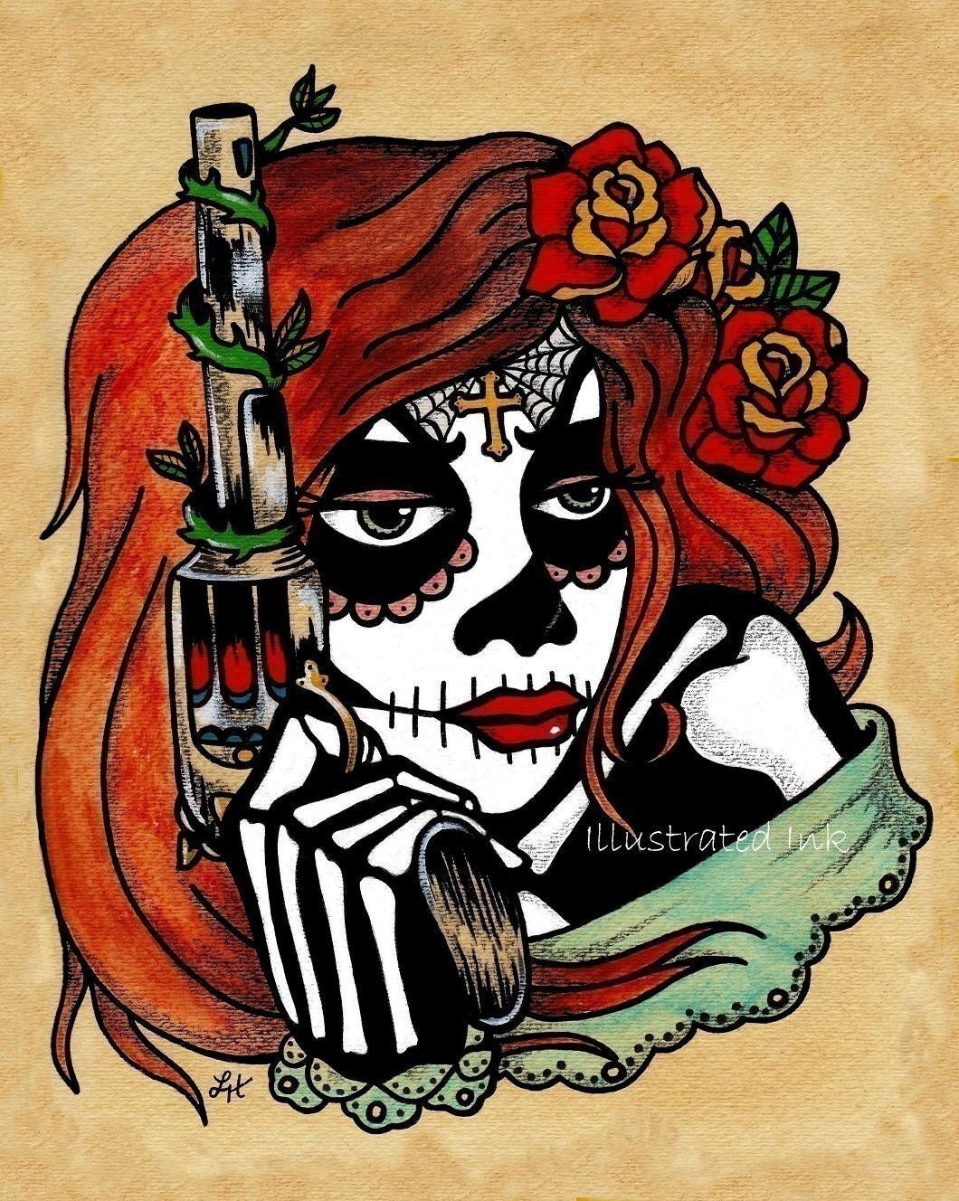 Day of the Dead Art Tattoo Print LA ADELITA & Pistol 8 x 10