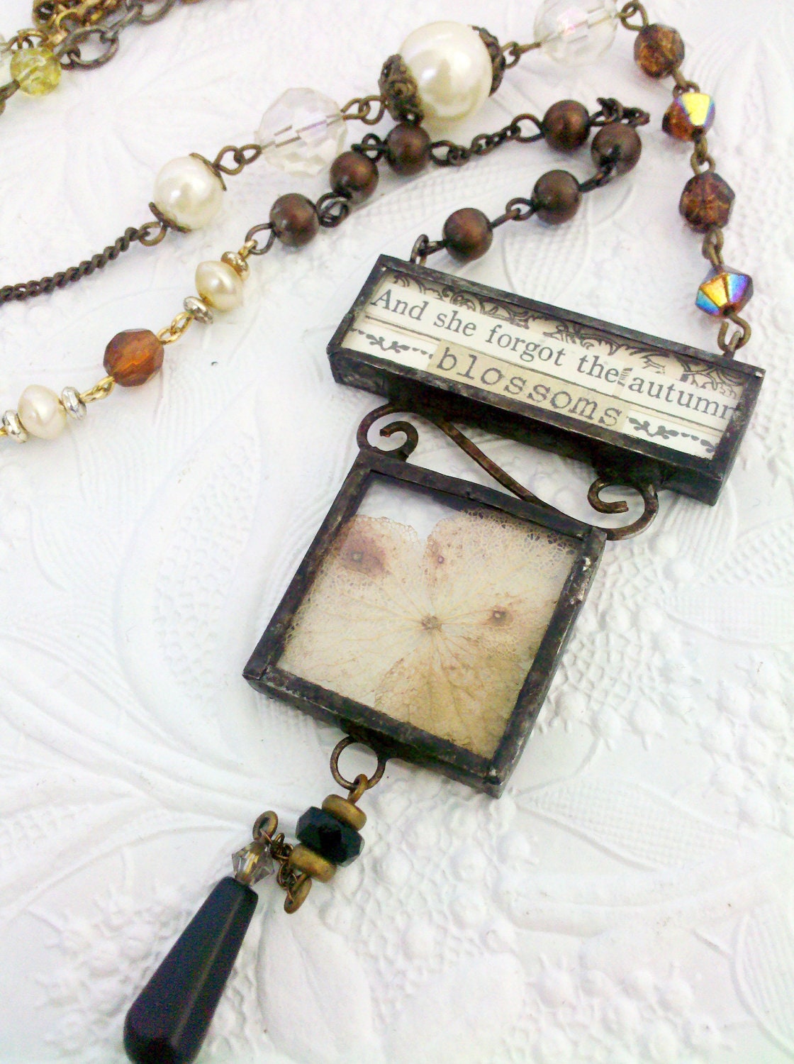 RESERVED FOR SHREANY Skeleton Flower Jewelry Romantic Shabby Chic Necklace Dried Flower Pendant Necklace For Autumn Bead Chain Necklace
