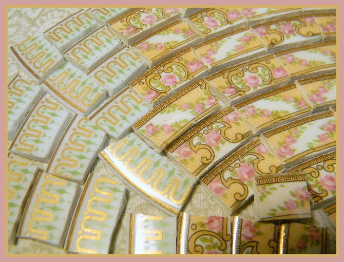Mosaic Tiles - RaRE OLD PiNK RoSeS and GoLD - Broken China Plate Tiles