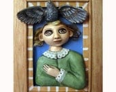 ooak GIRL and CROW 3D wall relief art doll sculpture little girl and crow bird