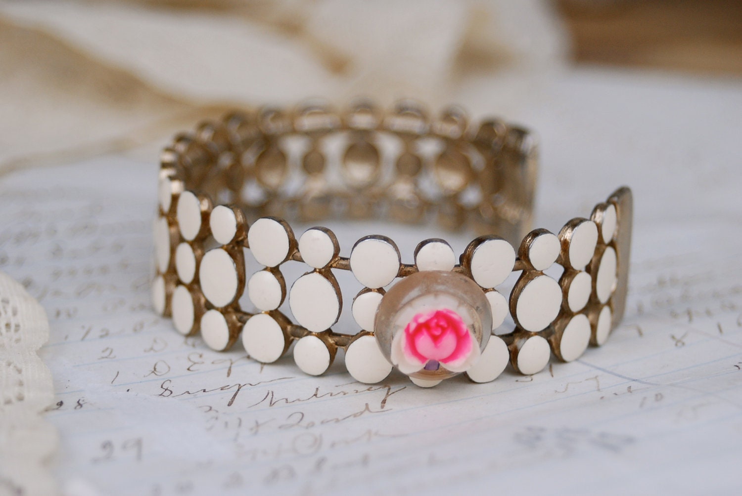 Shabby chic vintage white enamel cuff. Tiedupmemories