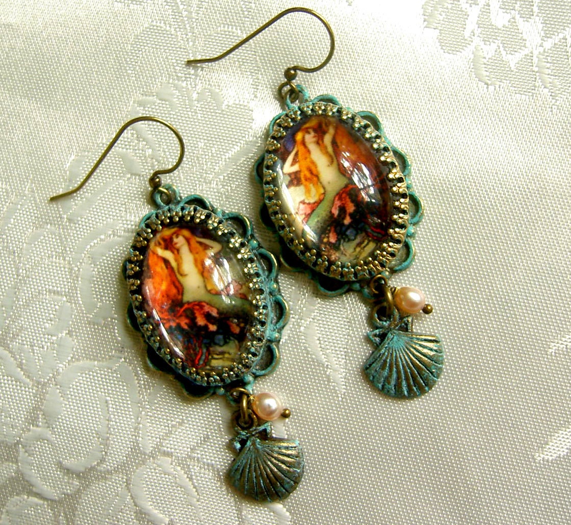Verdigris Mermaid earrings with Shell and Freshwater Pearl Drop