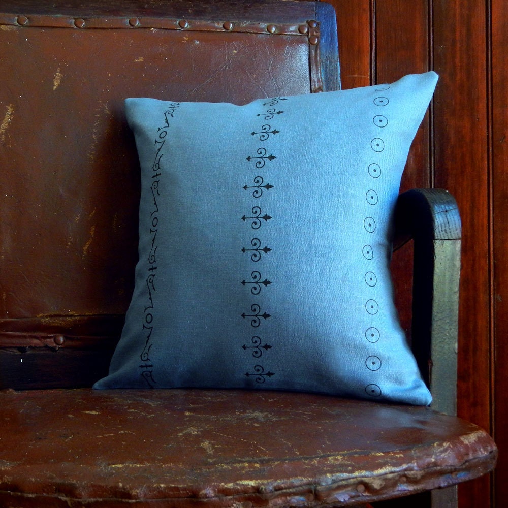 Victorian Architectural Ornament Screenprinted Pillow of Belgian Linen Flourishing Design with Synthetic Down Stuffer
