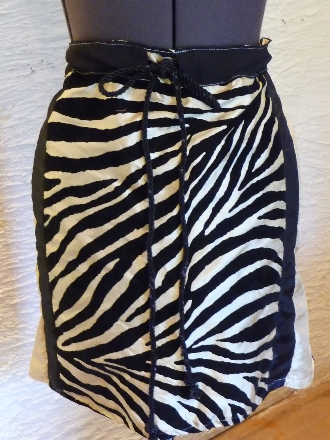 Striped Zebra Skirt Handmade Skirt Recycled Fabrics Unique Clothing Black Vanilla Satin Type Fabric Vintage Black Fabric Drawstring Cord