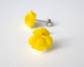 Sunny Yellow Stud Earrings Opaque Rose Flowers - Your Choice of Hypoallergenic Posts