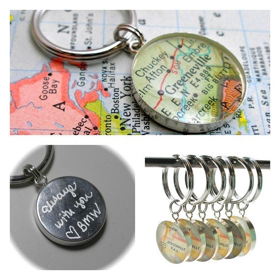 Father's Day Gifts, Fathers Day Key Chain, Vintage Map Key Ring Keychain with Handwritten Engraving.  You Select City.